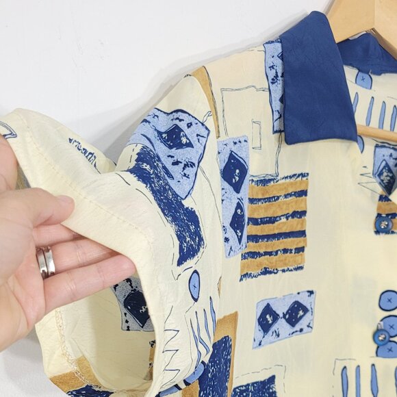 Vintage Unisex Abstract Yellow Blue Print Short Sleeve Button-Up Shirt Retro - Picture 4 of 11